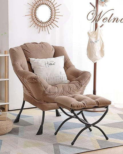 Welnow Lazy Chair with Ottoman, Modern Lounge Accent Chair with Armrests and a Side Pocket, Leisure Sofa Chair Set, Reading Chair with Footrest for Small Space, Corner Chair, Dark Brown - LeafyLoom