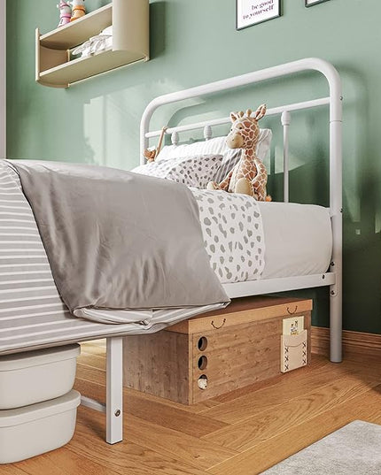Vintage Twin Size Bed Frame with Headboard and Footboard Mattress Heavy Duty Metal Platform Bed Frame Steel Slat Support (Twin, White) - LeafyLoom