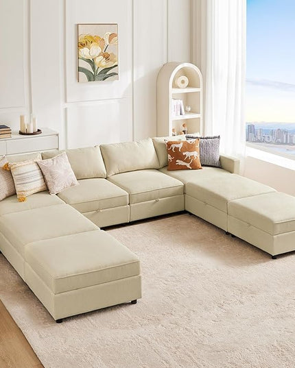 Sweetcrispy Convertible Sectional Sofa Couch, 8 Seat Sofa Set with Storage for Living Room, U-Shaped Modern Modular Sofa Sleeper with Reversible Chaise, Oversized Modular Sectional Sofa, Beige - LeafyLoom