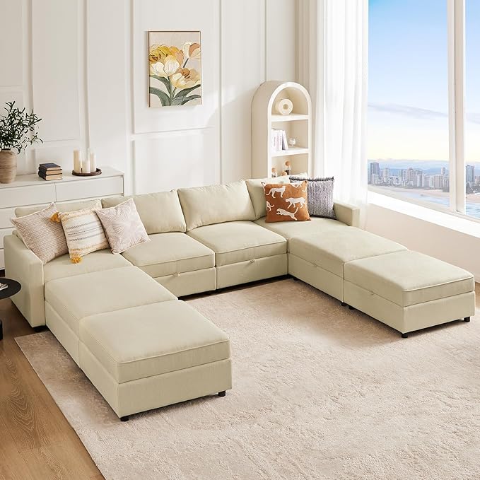 Sweetcrispy Convertible Sectional Sofa Couch, 8 Seat Sofa Set with Storage for Living Room, U-Shaped Modern Modular Sofa Sleeper with Reversible Chaise, Oversized Modular Sectional Sofa, Beige - LeafyLoom