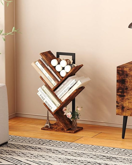 Yusong Tree Bookshelf, 5-Tier Small Bookcase with Metal Frame, Geometric Floor Standing Books Shelves Wooden Shelf for Office Desk Bedroom Tabletop Living Room Rustic Brown - LeafyLoom