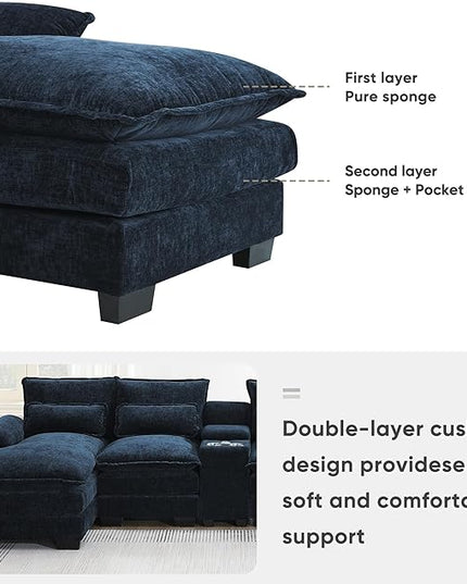U Shaped Symmetrical Modular Sectional Sofa Cloud Couch with Double Chaise Lounge and Center Console,Cupholders and USB Ports, Deep Seat Upholstered Sleeper Corner Sofa&Couches for Living Room - LeafyLoom