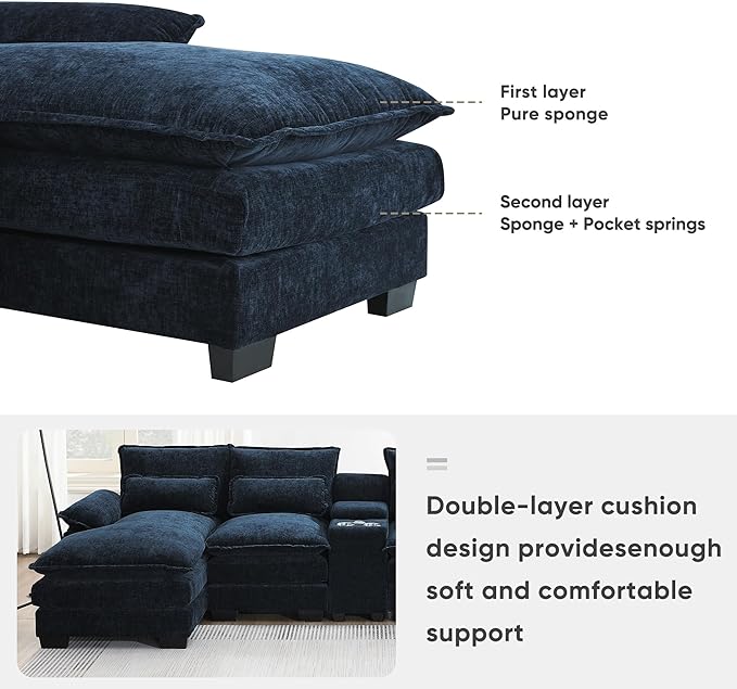 U Shaped Symmetrical Modular Sectional Sofa Cloud Couch with Double Chaise Lounge and Center Console,Cupholders and USB Ports, Deep Seat Upholstered Sleeper Corner Sofa&Couches for Living Room - LeafyLoom