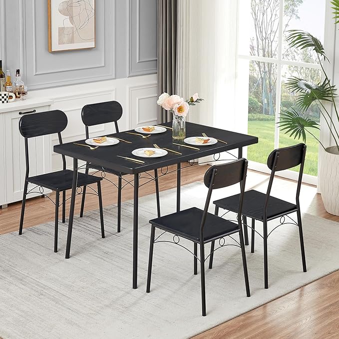 VECELO Dining Table Set for 4, 5 Piece Dinette with Chairs for Kitchen, Breakfast Nook and Small Space, 43.3", Black - LeafyLoom
