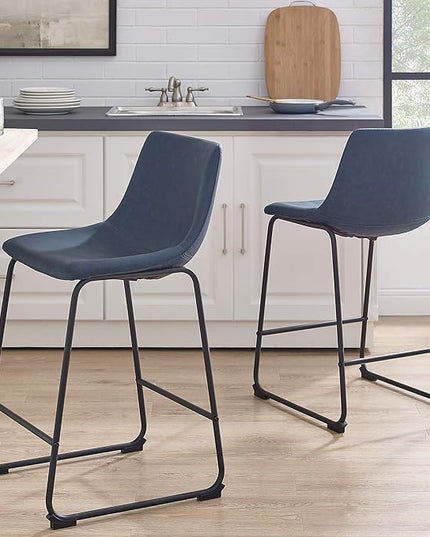 Walker Edison Douglas Urban Industrial Faux Leather Armless Dining Chairs Set of 2 and Counter Chairs Set of 2, Navy Blue - LeafyLoom