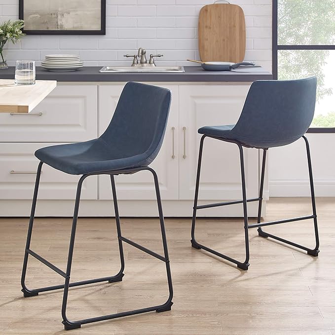 Walker Edison Douglas Urban Industrial Faux Leather Armless Dining Chairs Set of 2 and Counter Chairs Set of 2, Navy Blue - LeafyLoom