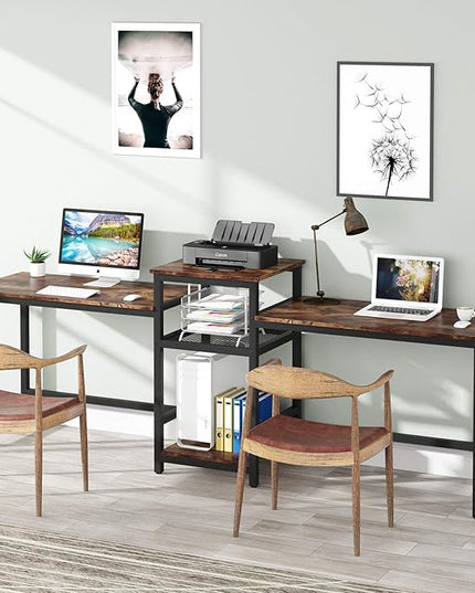 Tribesigns 96.9" Double Computer Desk with Printer Shelf, Extra Long Two Person Desk Workstation with Storage Shelves, Large Office Desk Study Writing Table for Home Office, Dark Brown - LeafyLoom