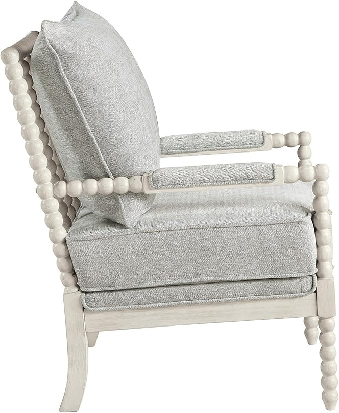 OSP Home Furnishings Kaylee Spindle Accent Chair with Antique White Wood Frame, 26.5” W x 32.25” D x 37” H, Smoke Grey Fabric - LeafyLoom