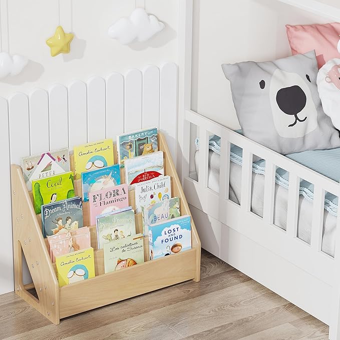 Front-Facing Montessori Bookshelf,5 Tier Book Display Shelf for Toddler,Kids Storage Magazine Rack,Solid Wood Bookcase Organizer,Perfect for Playroom,Bedroom,Study Living Room,Nursery,Classroom - LeafyLoom