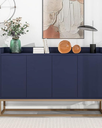 Sideboard Buffet Cabinet with Large Storage Space,Modern Particle Board Kitchen Console Table,W/ 4 Doors and Gold Metal Legs,Dining Room,Entryway,Navy, 47.2" - LeafyLoom