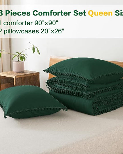 Litanika Queen Size Comforter Set Dark Green,3 Pieces Dark Green Boho Pom Pom Lightweight Bed Comforter, All Season Soft Solid Color Bedding Comforter Sets (1 Comforter 90x90 Inch, 2 Pillowcases) - LeafyLoom
