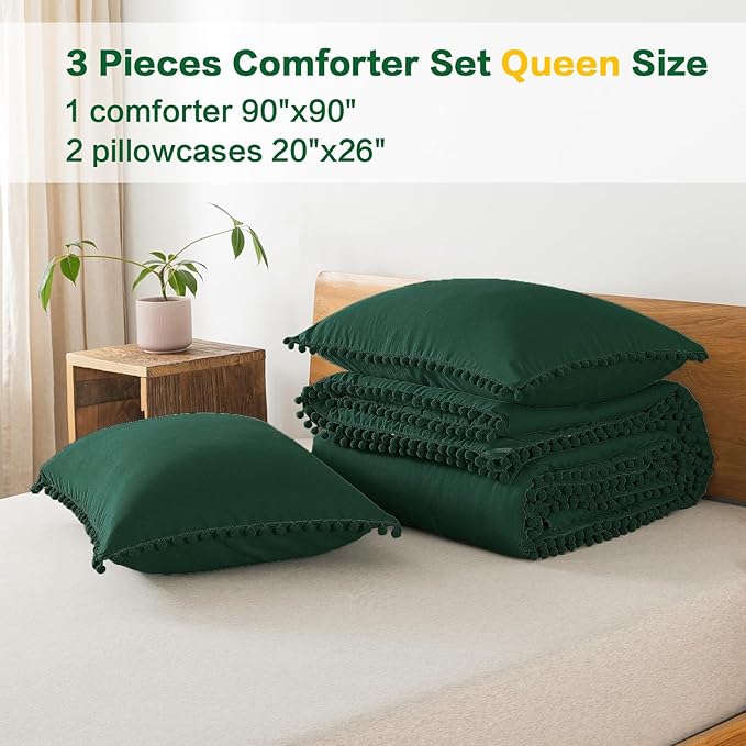 Litanika Queen Size Comforter Set Dark Green,3 Pieces Dark Green Boho Pom Pom Lightweight Bed Comforter, All Season Soft Solid Color Bedding Comforter Sets (1 Comforter 90x90 Inch, 2 Pillowcases) - LeafyLoom