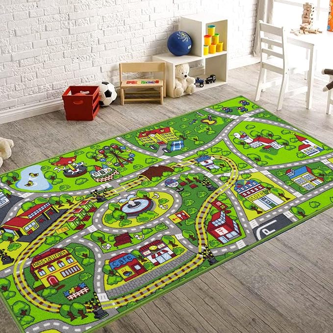 Booooom Jackson Kids Car Rug Play Mat 79"x39",Car Mat for Kids Toy Cars,Non Slip Kids Rug for Playroom Bedroom Boys,Car Carpet for Kids,Kids Car Mats for Floor,Road Train Track Rug City Rug - LeafyLoom