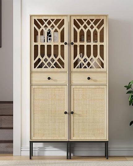 XIAO WEI 2-Piece Tall Cabinet Narrow Linen arched cabinet Storage Cabinet Natural Rattan Doors Fretwork Pattern Doors for Living Room Entryway Kitchen Home Office Bathroom - LeafyLoom