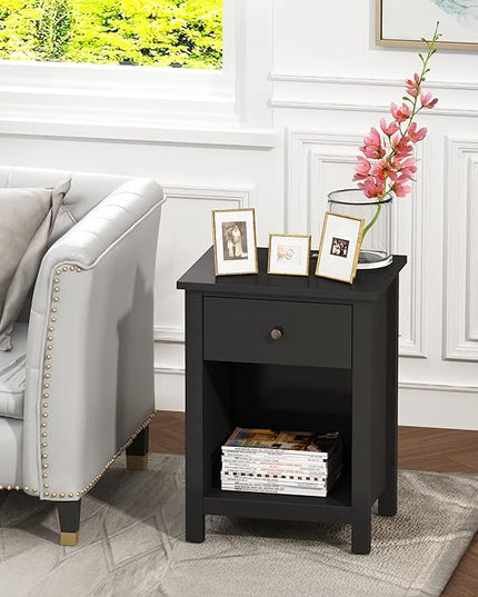 ChooChoo Black Nightstand Set of 2,Night Stand with Charging Station, Wooden Top Bedside End Table with Drawer and Storage Space for Bedroom - LeafyLoom