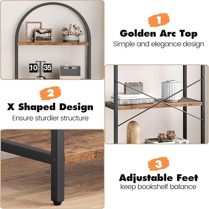 IDEALHOUSE Bookshelf 5 Tier Bookcase Arched Display Racks Tall Standing Bookshelves Metal Frame Rustic Storage Rack Shelf Brown Book Shelf for Bedroom, Living Room, Home Office, Rustic Brown - LeafyLoom