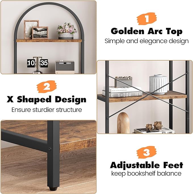 GAOMON 5 Tier Bookshelf Arched Bookcase Modern Standing Bookshelves Tall Display Racks Metal Book Shelf for Bedroom, Living Room, Home Office - LeafyLoom