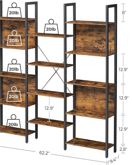 VASAGLE 5-Tier Bookcase with 14 Shelves, Book Shelf with Metal Frame, Bookshelf for Living Room, Home Office, Industrial Style, 9.4 x 62.2 x 65.4 Inches, Rustic Brown and Black ULLS107B01 - LeafyLoom