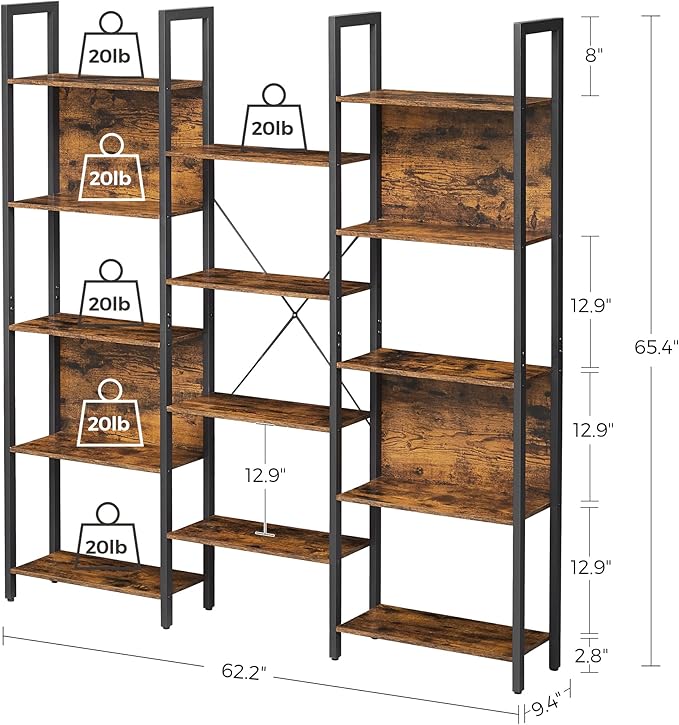 VASAGLE 5-Tier Bookcase with 14 Shelves, Book Shelf with Metal Frame, Bookshelf for Living Room, Home Office, Industrial Style, 9.4 x 62.2 x 65.4 Inches, Rustic Brown and Black ULLS107B01 - LeafyLoom