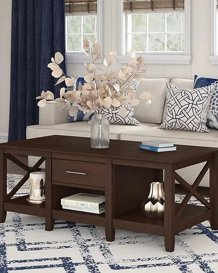 Bush Furniture Key West Coffee Table with Storage with Aged Bronze Hardware | Center Counter for Living Room, 47Wx24Dx18H, Bing Cherry - LeafyLoom