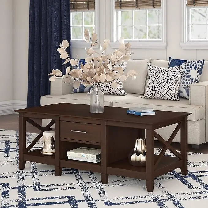 Bush Furniture Key West Coffee Table with Storage with Aged Bronze Hardware | Center Counter for Living Room, 47Wx24Dx18H, Bing Cherry - LeafyLoom