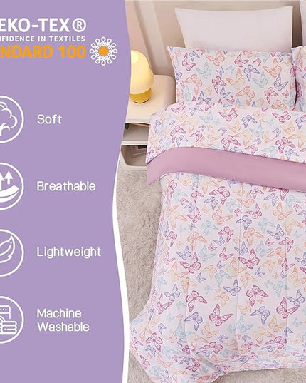 Butterfly Kids Comforter Set for Girls Full Size, Cute Reversible Quilted Lavender Printed Bedding Set with Pillow Sham, Lightweight Soft Breathable Machine Washable Bed Set 3 Piece - LeafyLoom