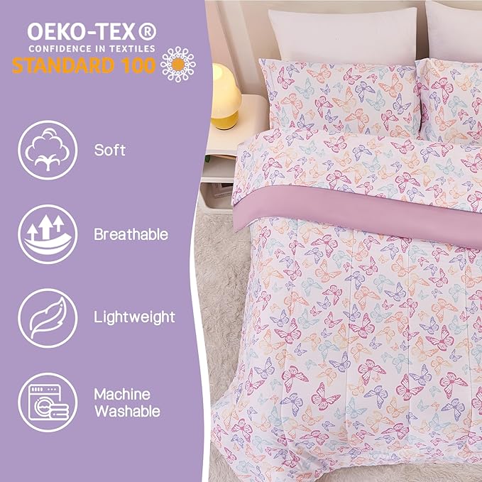 Butterfly Kids Comforter Set for Girls Twin, Cute Reversible Quilted Lavender Printed Bedding Set with Pillow Sham, Lightweight Soft Breathable Machine Washable Bed Set 2 Piece - LeafyLoom