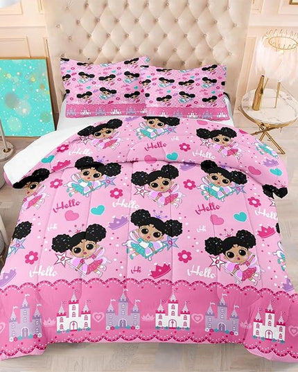 Black Girl Comforter Set, Pink Girls Queen Comforter Set 3 Piece Cute Pattern African American Black Girls Comforter Set Decor Kids Girls Teens Bedroom with 1 Comforter 2 Pillowcases - LeafyLoom