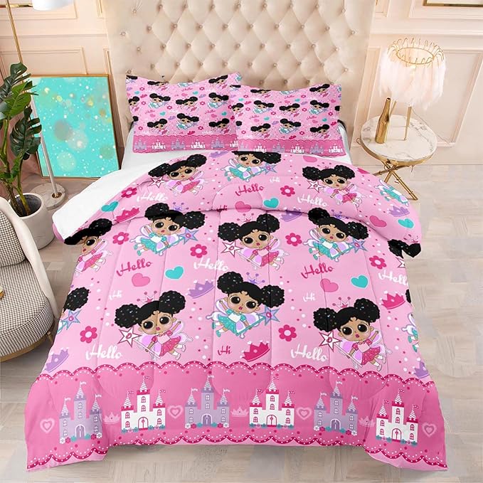 Black Girl Comforter Set, Pink Girls Queen Comforter Set 3 Piece Cute Pattern African American Black Girls Comforter Set Decor Kids Girls Teens Bedroom with 1 Comforter 2 Pillowcases - LeafyLoom
