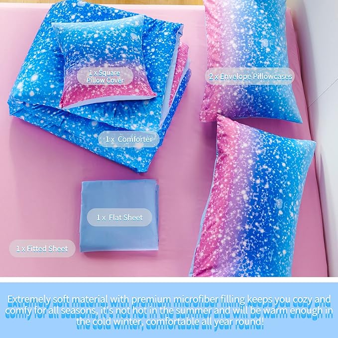 RYNGHIPY 6Pcs Sparkle Gradient Glitter Comforter Sets, Ombre Indigo Pink Gradient Bedding Set for Boys Girls, Rainbow Bed in A Bag Full Size - LeafyLoom