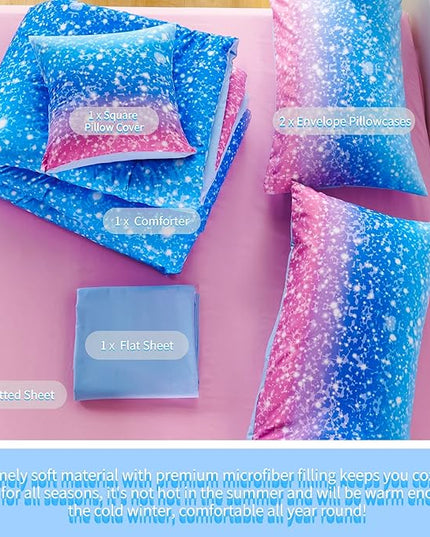 RYNGHIPY 6Pcs Sparkle Gradient Glitter Comforter Sets, Ombre Indigo Pink Gradient Bedding Set for Boys Girls, Rainbow Bed in A Bag Twin Size - LeafyLoom
