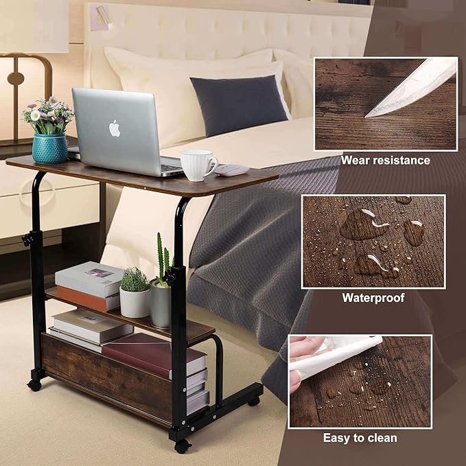 Adjustable Height Mobile Computer Desk for Small Space Rolling Writing with Wheels Corner Home Office Study Portable Bedrooms Work Storage Size 31.5x15.7 Inch Oak, (A-1) - LeafyLoom