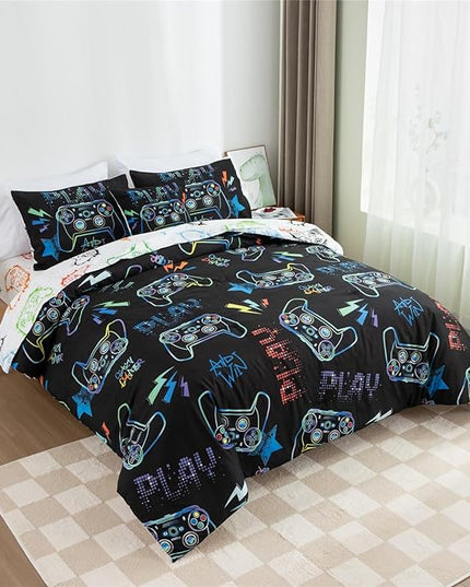 Meeting Story Gamer Gaming Bedding Sets Fluorescence Gamepad Comforter Set for Boys Games Console Action Buttons Novelty Colorful Modern Room Decor Home Quilt Set (Black, Twin6pcs) - LeafyLoom