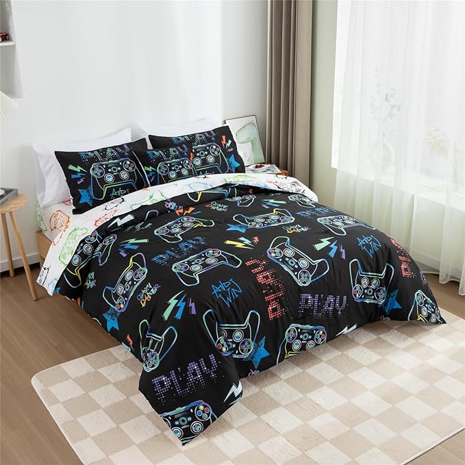 Meeting Story Gamer Gaming Bedding Sets Fluorescence Gamepad Comforter Set for Boys Games Console Action Buttons Novelty Colorful Modern Room Decor Home Quilt Set (Black, Twin6pcs) - LeafyLoom