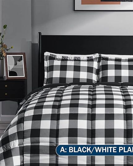 downluxe Lightweight Plaid Comforter Set (King) with 2 Pillow Shams - 3-Piece Set - Black/White Plaid - Down Alternative Reversible Comforter - LeafyLoom