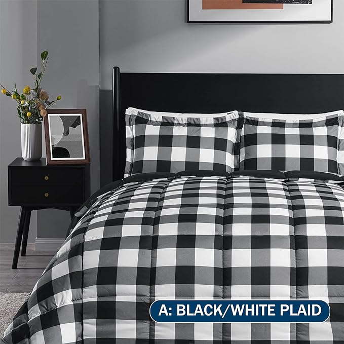 downluxe Lightweight Plaid Comforter Set (King) with 2 Pillow Shams - 3-Piece Set - Black/White Plaid - Down Alternative Reversible Comforter - LeafyLoom
