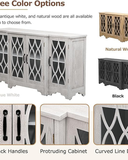 58" Retro Sideboard Glass Door with Curved Line Design,Wood Ample Storage Cabinet,W/Black Handle and Three Adjustable Shelves,for Dining Living Room Entryway,Antique White - LeafyLoom