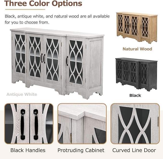 58" Retro Sideboard Glass Door with Curved Line Design,Wood Ample Storage Cabinet,W/Black Handle and Three Adjustable Shelves,for Dining Living Room Entryway,Antique White - LeafyLoom