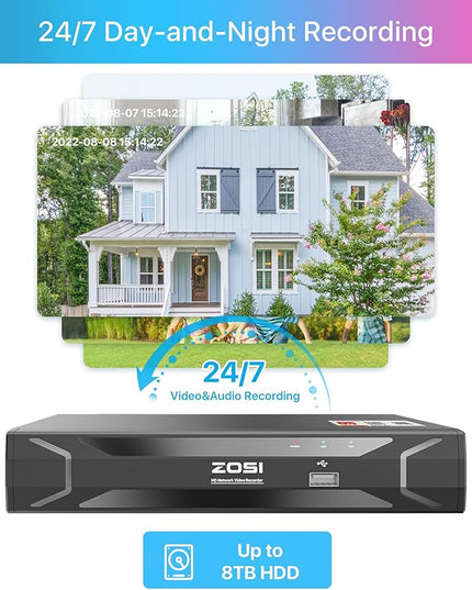 ZOSI 5MP 8CH PoE Security Camera System with Audio,H.265+ 5MP 8 Channel NVR with 2TB HDD,8pcs Weatherproof PoE IP Cameras Outdoor Indoor,Human Detection,100ft Night Vision,for Home 24-7 Recording ZOSI