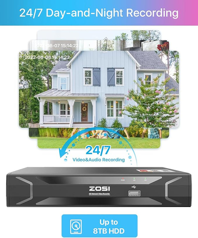 ZOSI 5MP 8CH PoE Security Camera System with Audio,H.265+ 5MP 8 Channel NVR with 2TB HDD,8pcs Weatherproof PoE IP Cameras Outdoor Indoor,Human Detection,100ft Night Vision,for Home 24-7 Recording ZOSI