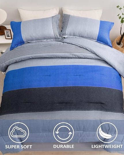 WONGS BEDDING Blue Comforter Set King Reversible Grey Blue Down Alternative Comforter for King Bed,3 Pieces (1 Comforter+2 Pillowcases), Soft Microfiber Bedding Duvet Set 104"×90" - LeafyLoom