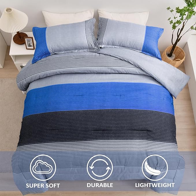 WONGS BEDDING Blue Stripe Comforter Set Twin Reversible Grey Blue Bedding Comforter Set for Twin Bed, 2 Pieces (1 Comforter+1 Pillowcase), Soft Microfiber Filling Duvet Set 68”×86” - LeafyLoom