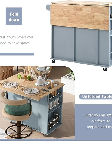 Kitchen Island Drop Leaf & Power Outlet, Mobile Cart w/Open Storage Wine Rack, Lockable Universal Wheels and Unfolded Tabletop, for Home, Dining Room, Grey Blue, 39.8 Inch - LeafyLoom