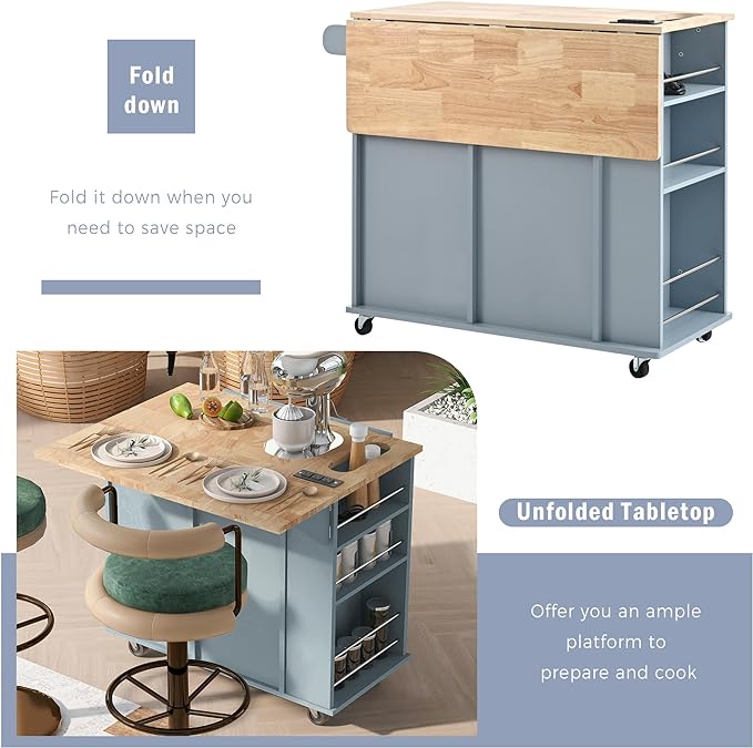 Kitchen Island Drop Leaf & Power Outlet, Mobile Cart w/Open Storage Wine Rack, Lockable Universal Wheels and Unfolded Tabletop, for Home, Dining Room, Grey Blue, 39.8 Inch - LeafyLoom