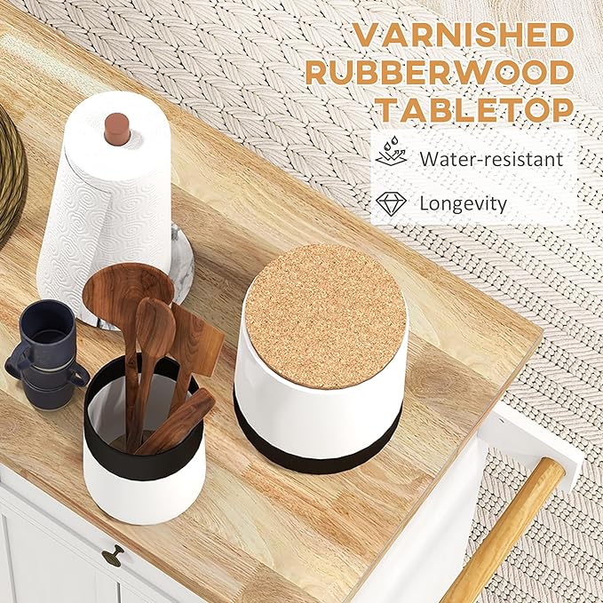 HOMCOM Kitchen Island on Wheels, Rolling Cart with Rubberwood Top, Spice Rack, Towel Rack and Drawers for Dining Room, Distressed White - LeafyLoom