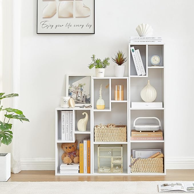 VECELO 3-Cube Open Bookcase, Small Bookshelf with Height Difference Shelves for Most Books, Horizontal Available, 2-Tier Storage Organizer for Home Office, Living Room, Pearl White - LeafyLoom