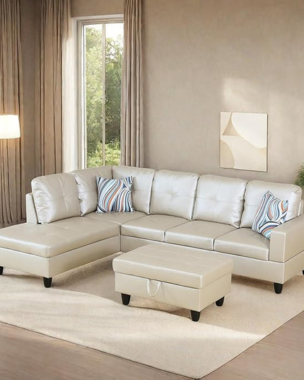 L Shaped Sofa with Ottoman Modern Sectional Living Room, Bedroom, Office, L Couch Glistening White - LeafyLoom
