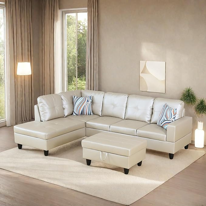 L Shaped Sofa with Ottoman Modern Sectional Living Room, Bedroom, Office, L Couch Glistening White - LeafyLoom