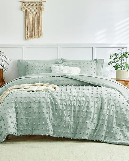 7 Pieces Tufted Dots Bed in a Bag Queen Comforter Set with Sheets Green , Soft and Embroidery Shabby Chic Boho Comforters, Solid Color with Pom Pom Design, Jacquard Tufts Bedding Set for All Season - LeafyLoom