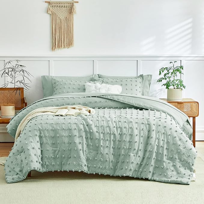 7 Pieces Tufted Dots Bed in a Bag King Comforter Set with Sheets Green , Soft and Embroidery Shabby Chic Boho Comforters, Solid Color with Pom Pom Design, Jacquard Tufts Bedding Set for All Season - LeafyLoom